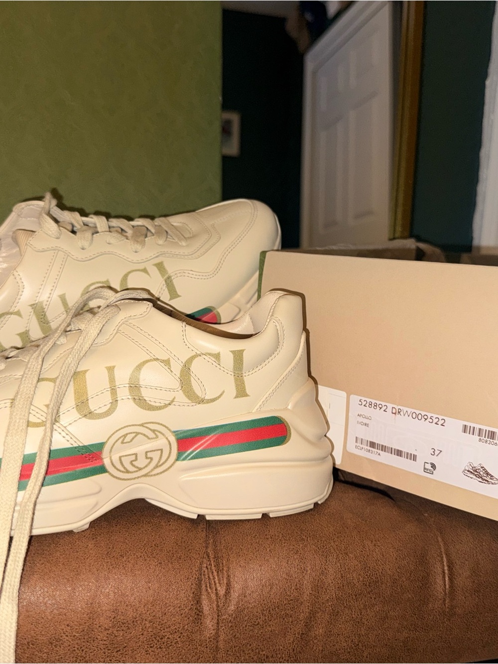Gucci Cream Leather Rhyton Sneaker with Green and Red Web Stripe